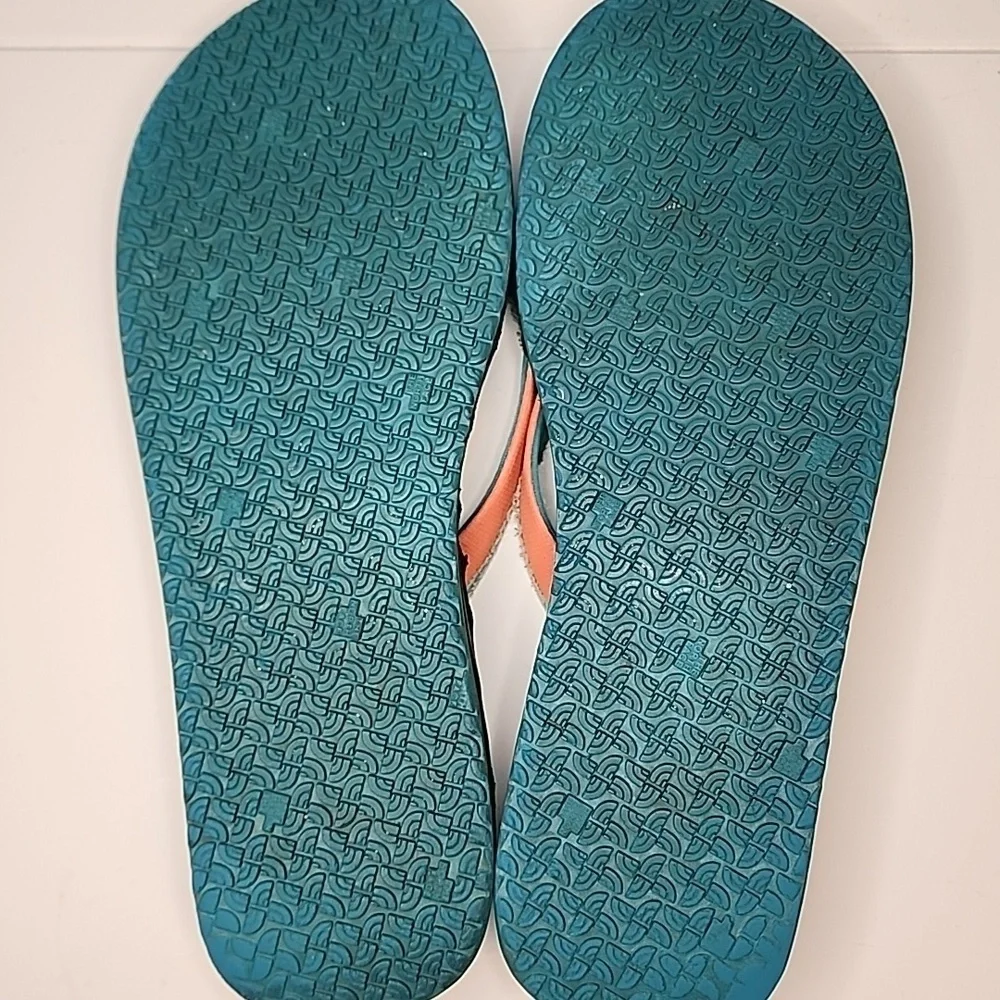 The North Face Orange Teal Black Sandals Elevated Heel Thong Flip Flop Womens